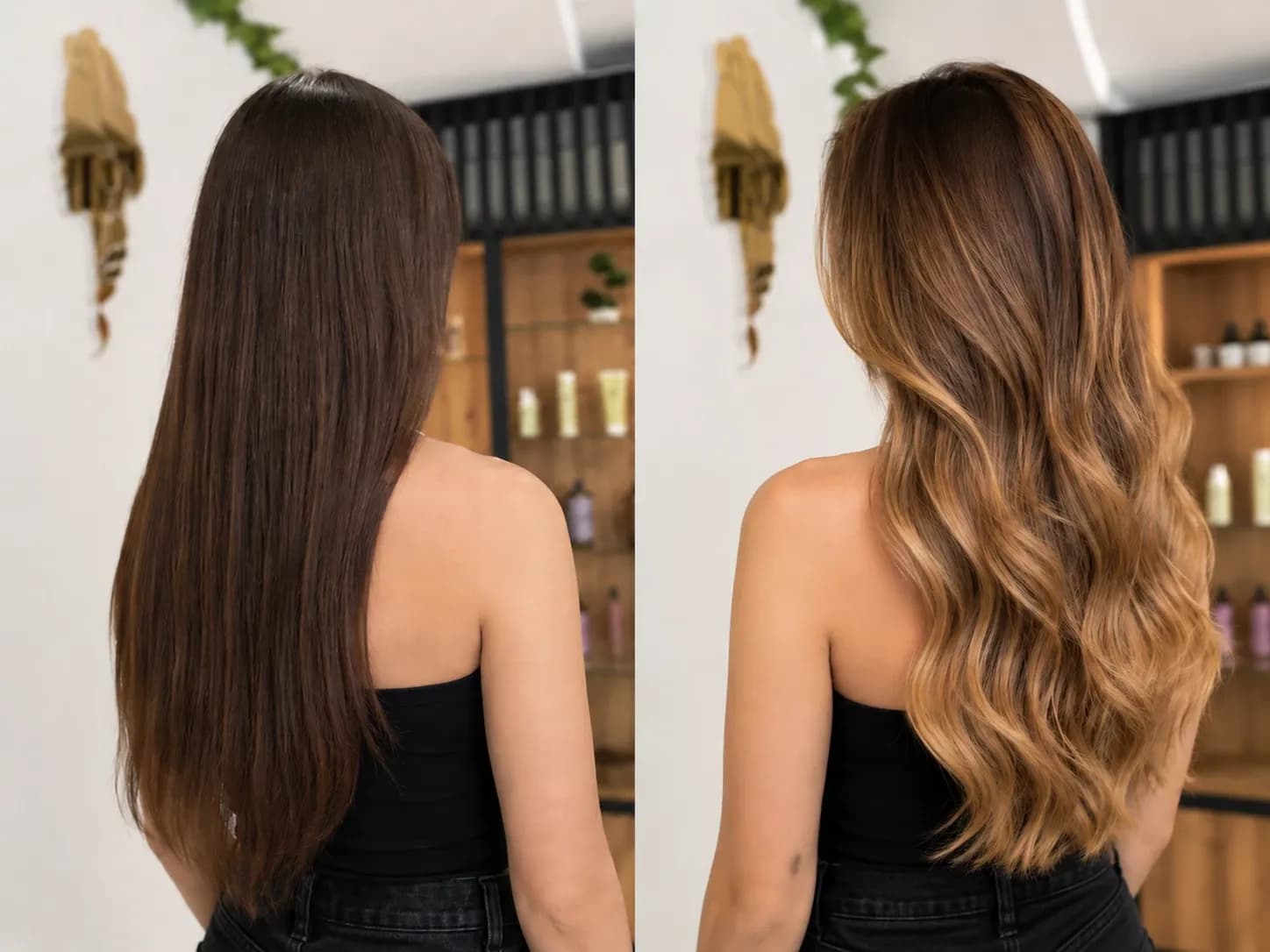Păr lung înainte și după balayage, cu rădăcină naturală și lungimi mai luminoase