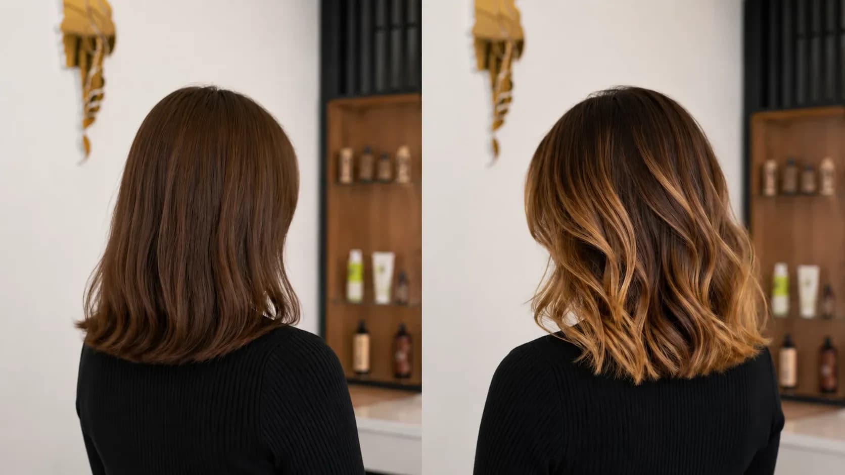 Păr mediu înainte și după balayage, cu reflexe caramel și efect luminos pe lungimi
