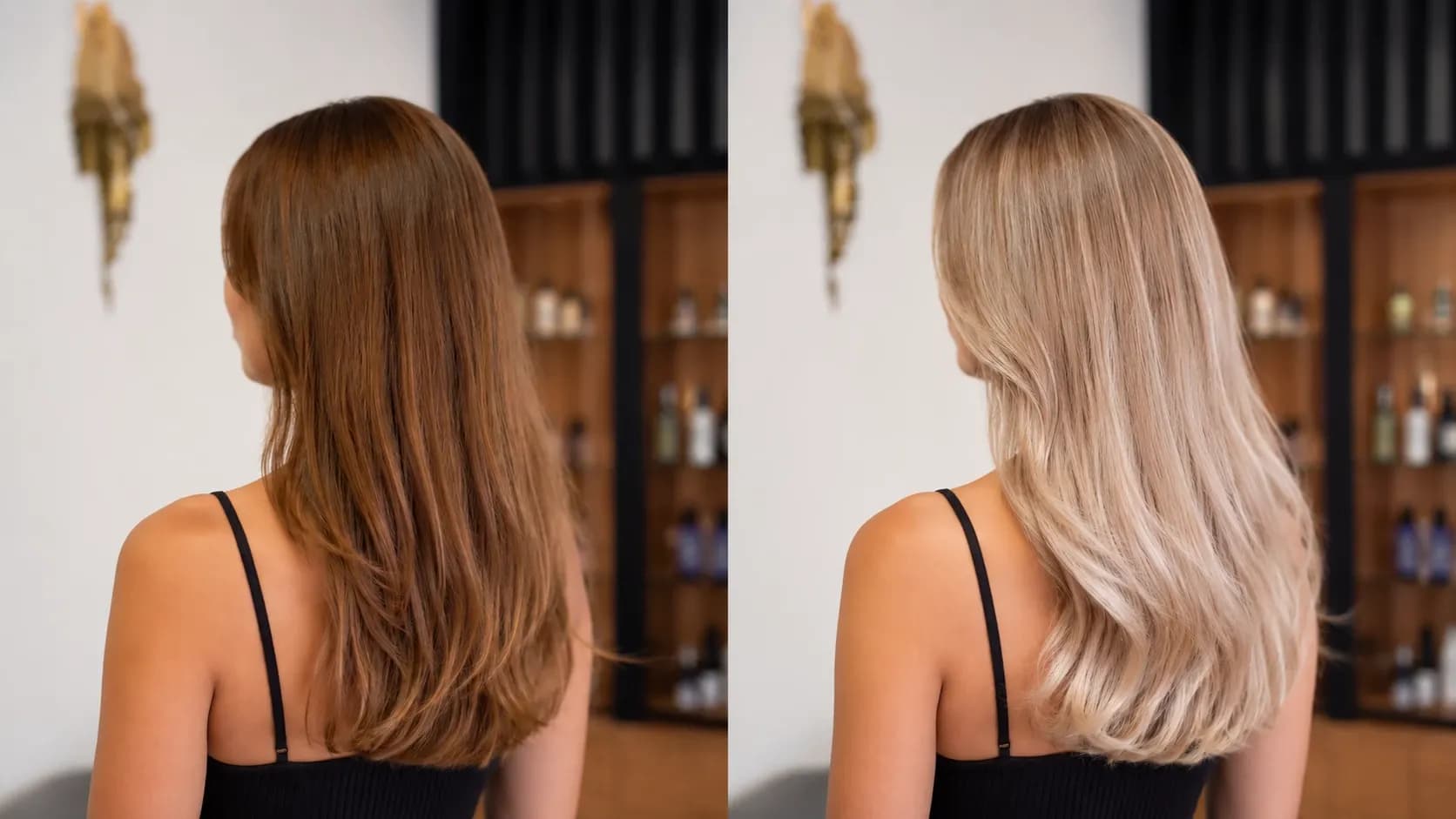 Păr șaten înainte și după decolorare totală, cu rezultat blond foarte deschis