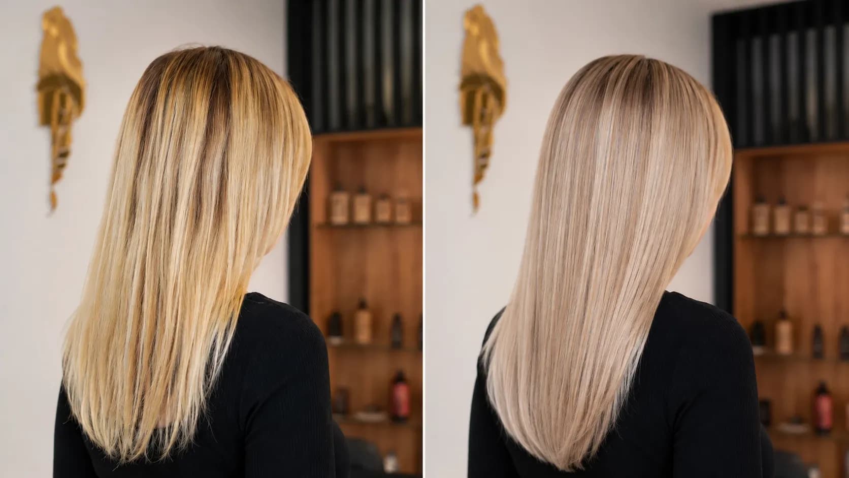 Păr blond înainte și după nuanțare, cu ton mai rece, mai uniform și mai luminos