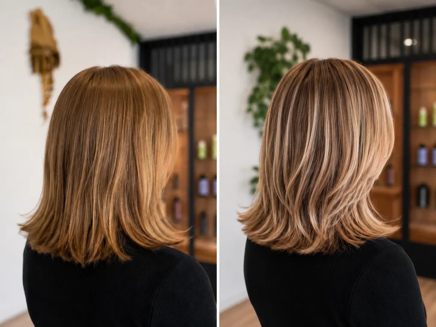 Păr mediu înainte și după șuvițe, cu reflexe blonde vizibile și culoare mai deschisă